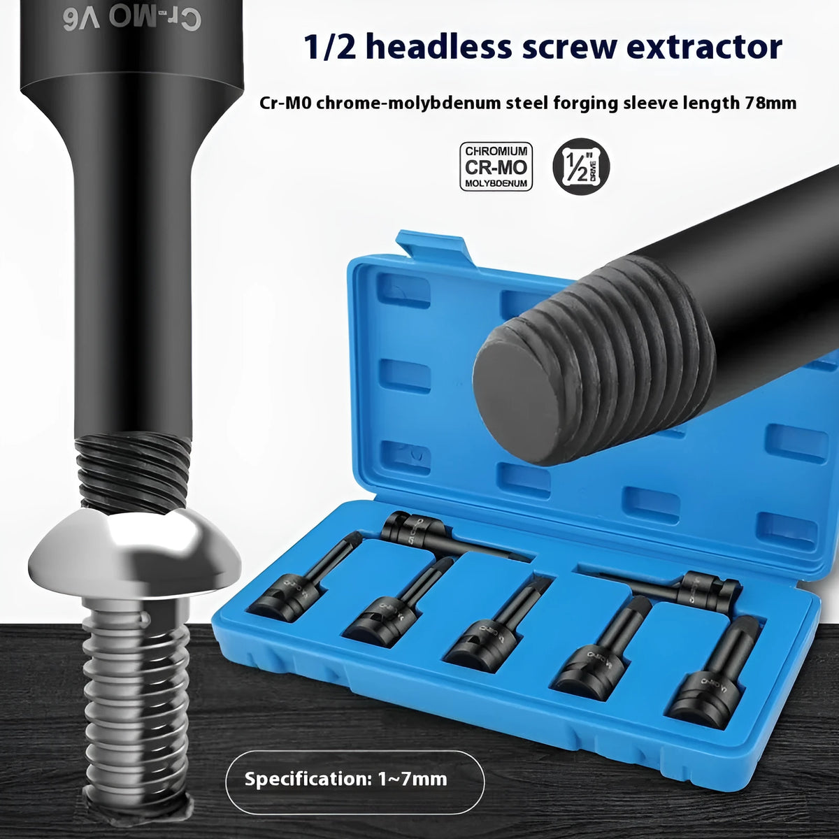 Set of seven alloy broken stud spanners for electric wrench with 60mm and 78mm sizes