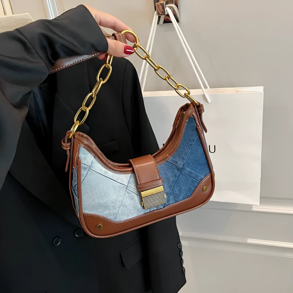 Brown denim women's bucket shoulder bag with diamond chain straps and lock detail