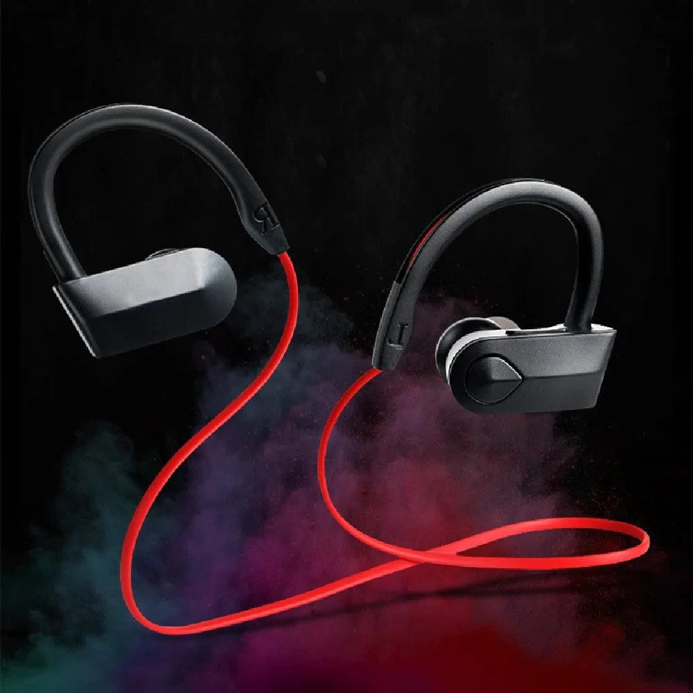 Black wireless neckband Bluetooth earphones showing earpieces and control module on the neckband.