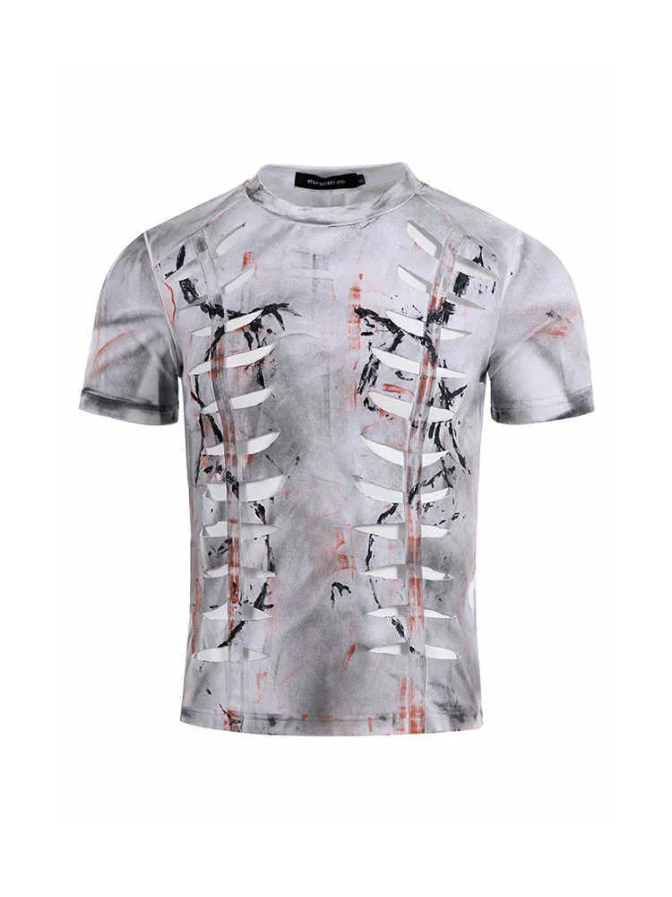 White men's cotton T-shirt with cut hollow-out design and short sleeves showing fitted silhouette