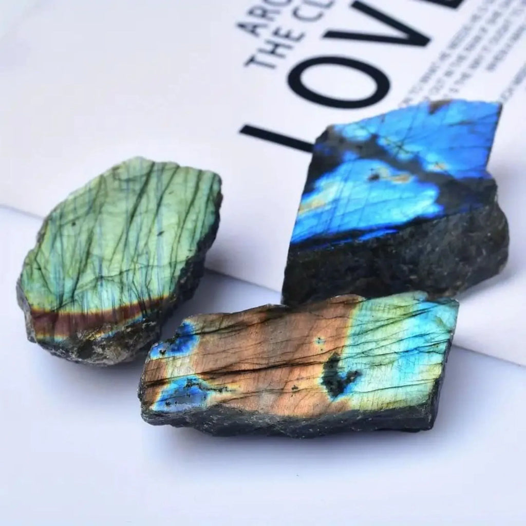 Natural labradorite polished slate ornament with iridescent colour play, hand-polished smooth finish
