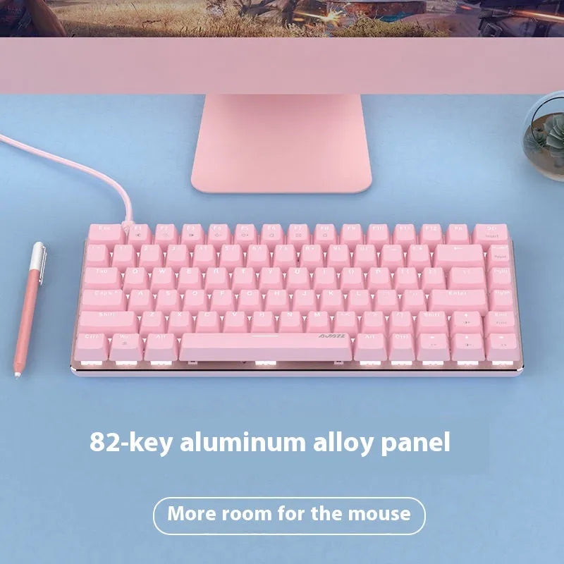 White backlit 82-key metal mechanical gaming keyboard with pink switches for laptops.