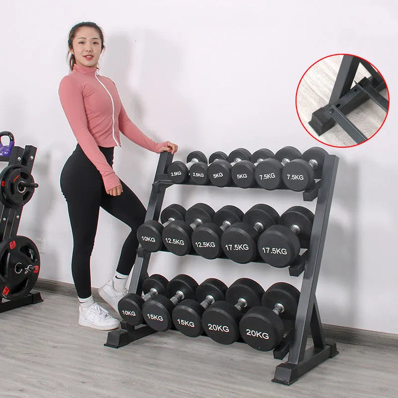 Three-layer black dumbbell rack with angled iron shelves and square tube frame