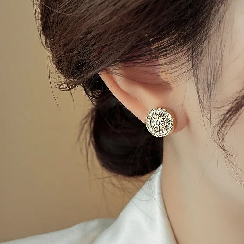 Zircon stud earrings for women copper inlaid eight-pointed star real gold plated Japanese Korean style