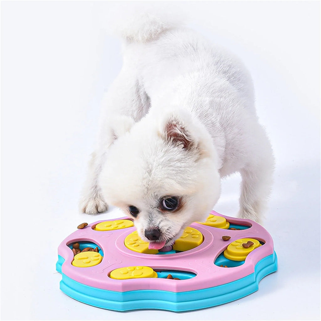 Blue plastic dog puzzle feeder bowl with interactive games for aggressive chewers