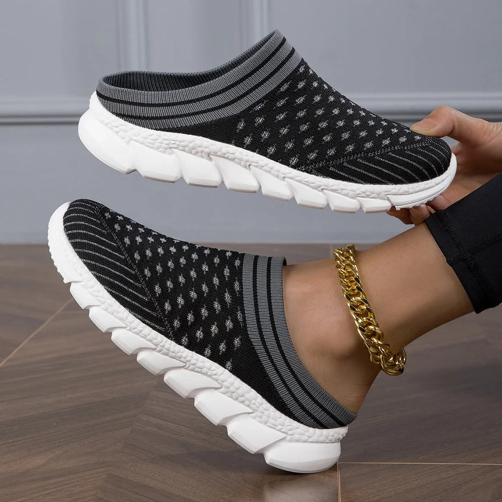 Women's striped Flyknit slipper shoes in sport style with hollow-out design and height increasing soles