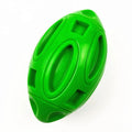 Blue natural rubber squeaky dog chew ball with grooved surface, for medium and large breeds.
