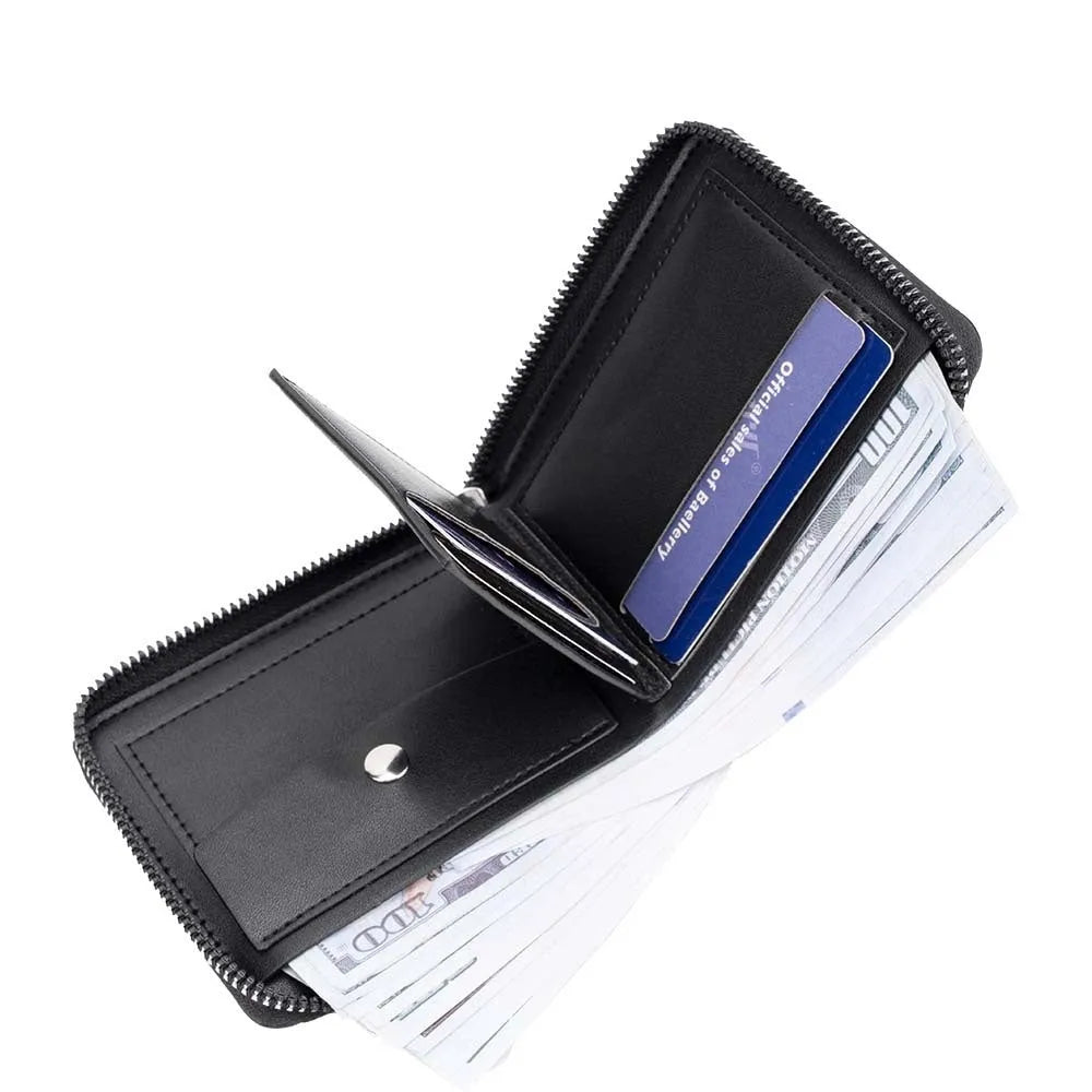 Leather-style anti-theft credit card wallet with zipper closure in black embossed design