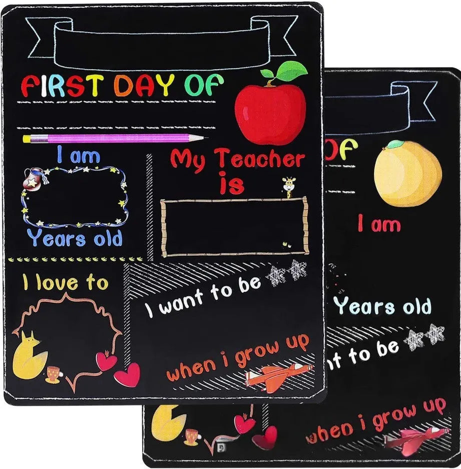 Modern wooden blackboard sign for first day of school, 25.5 by 30 centimetres.