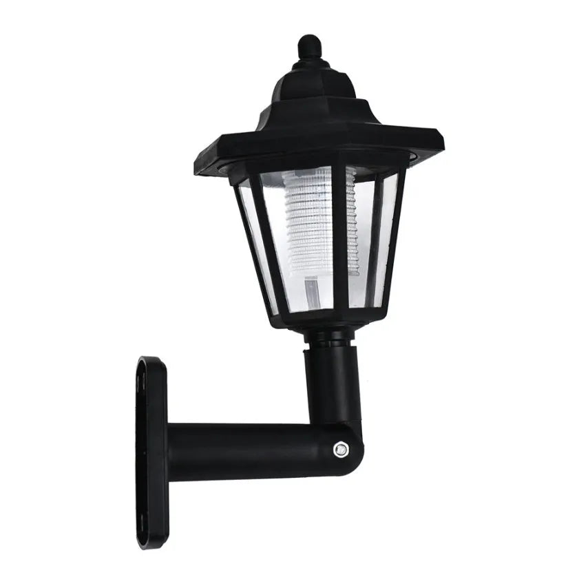 Black hexagonal solar-powered wall lamp with light sensor for outdoor use