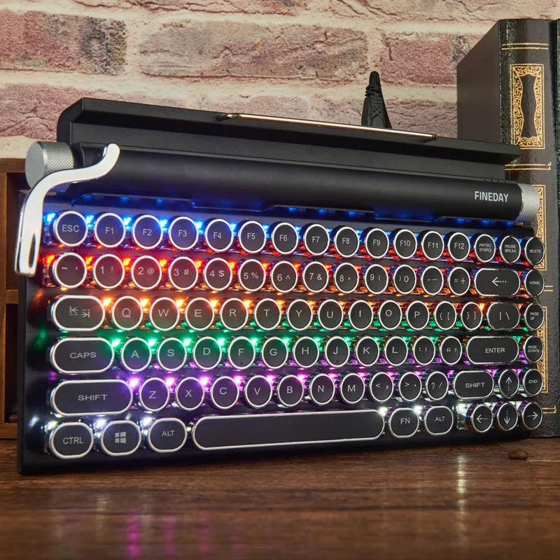 Black retro typewriter style mechanical keyboard with colourful backlit keys