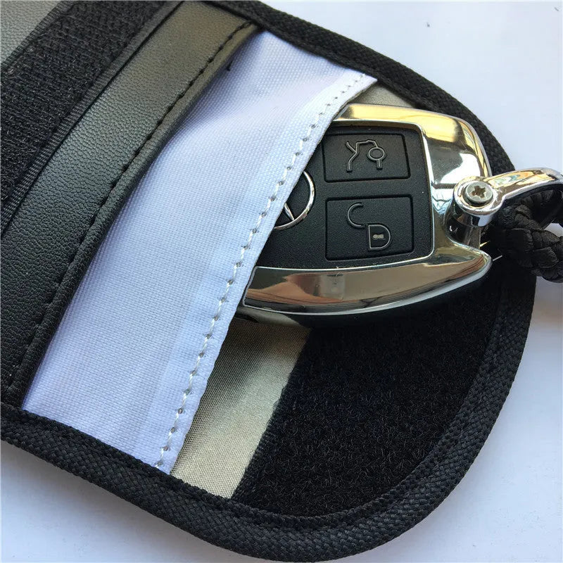 Black 20x10cm Faraday pouch for car key fobs and electronic devices with signal blocking protection