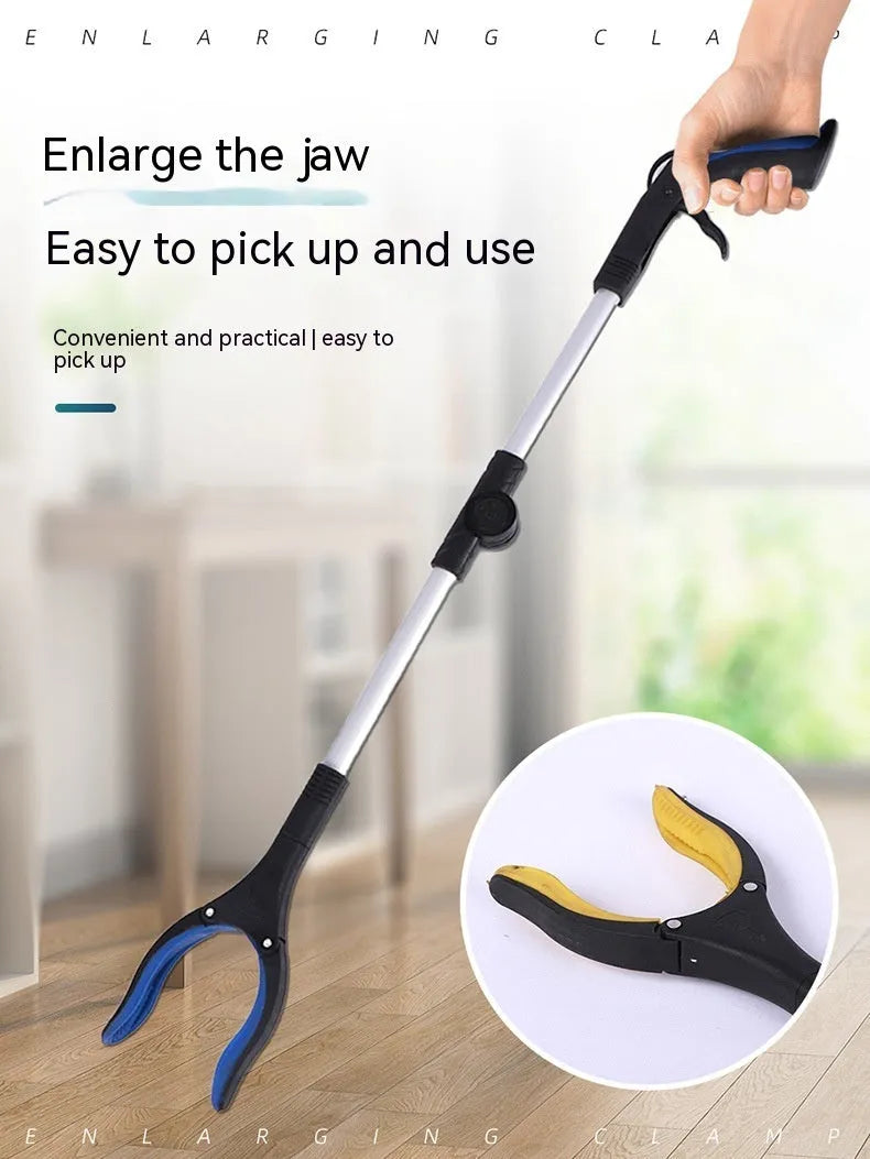 Folded aluminium garbage clamp with magnet sucker and blue handle, showing its compact 42cm storage size.