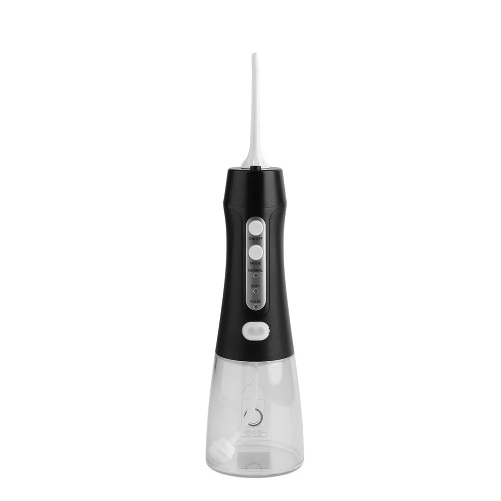 Portable dental flusher with 300ML water tank, three nozzles, and 360° rotating nozzle, IPX8 waterproof.