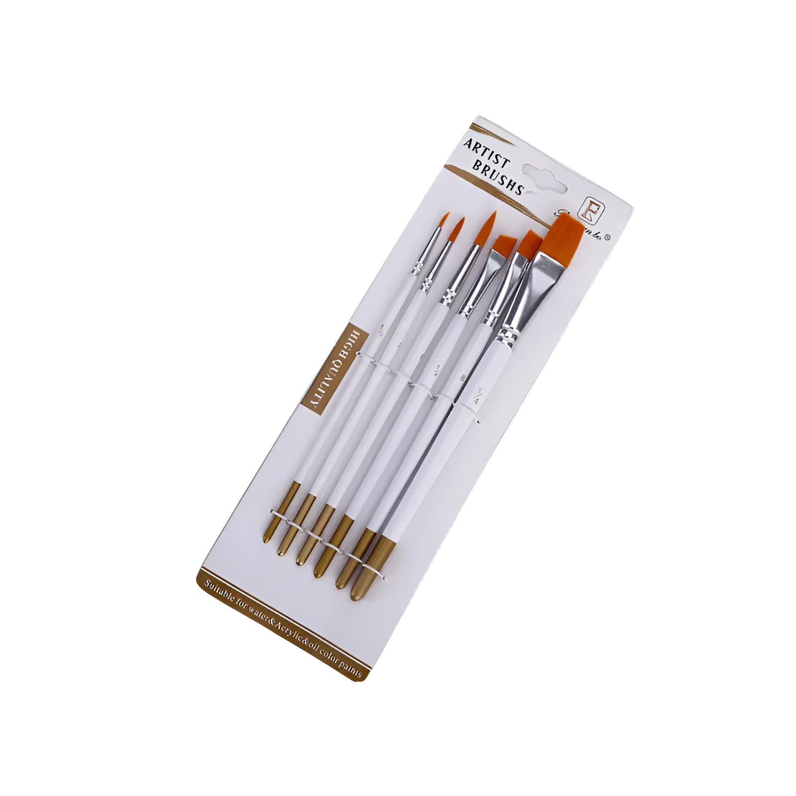 Set of six wooden-handle artist brushes with aluminium ferrules for watercolour and acrylic paint.