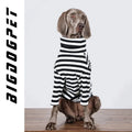 Black and white thin polyester inner coat for large dogs on size chart showing M to XXXL