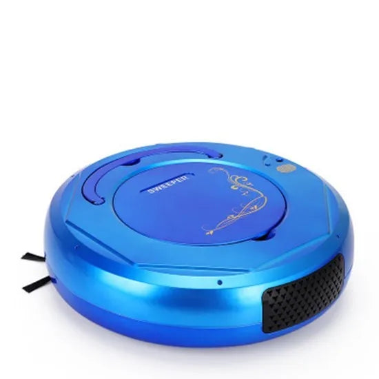 Blue Lazy Smart floor sweeping robot vacuum cleaner on a wooden floor