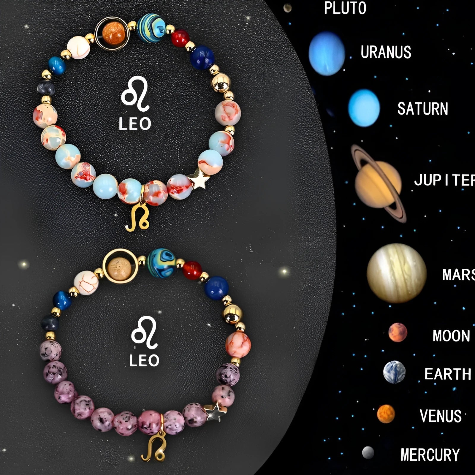 Natural stone beaded bracelets showing zodiac signs, set of two bracelets on display