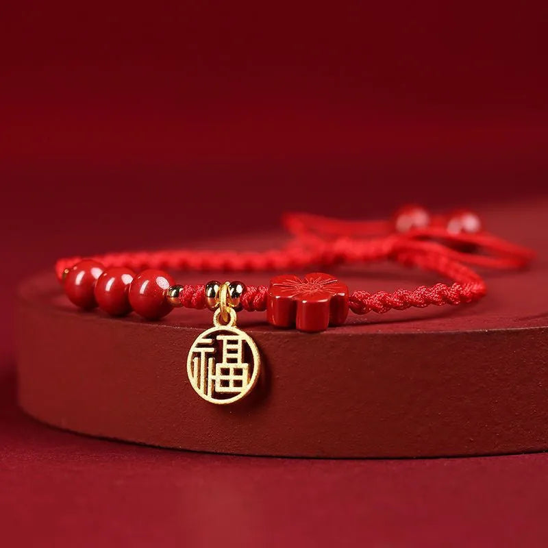 Cinnabar braided rope bracelet with round bead blessing card in wine red colour