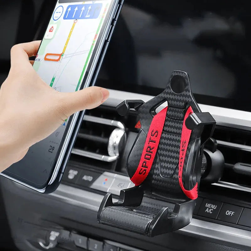 Gold and red car air vent phone holder with racing seat shape and 360-degree rotation