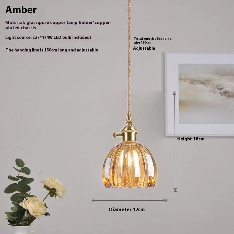 Nordic style bedside chandelier with a vintage glass flower shade in a choice of five colours.