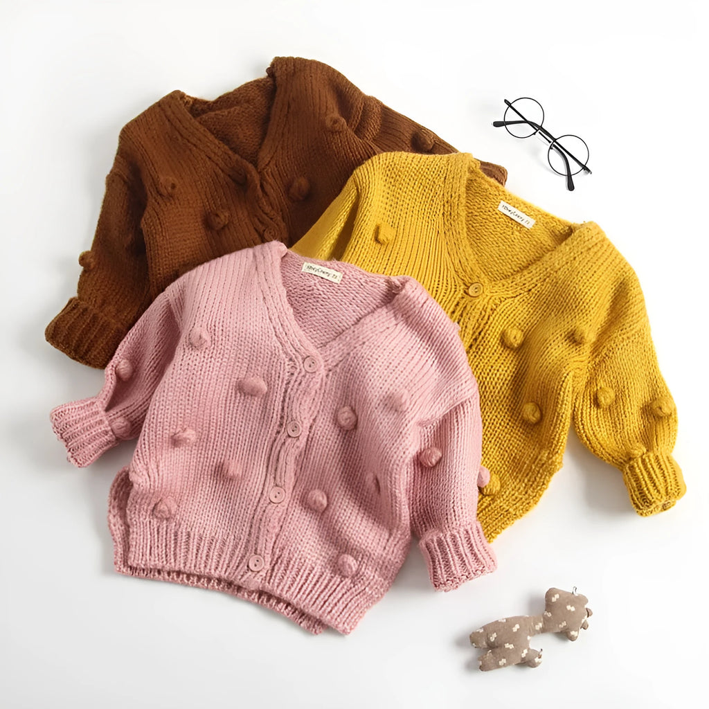 Baby girl soft knit pullover sweater in brown pink and yellow colours for toddlers sized 73cm to 100cm