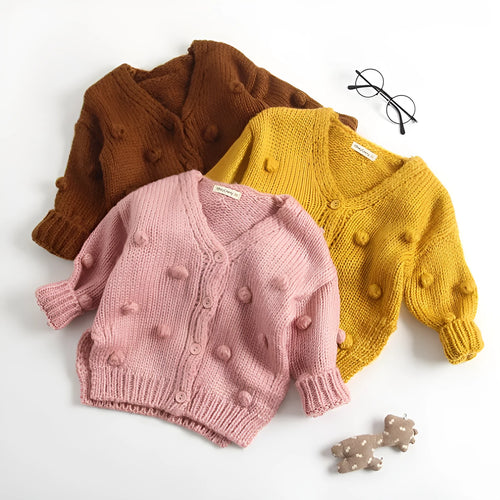 Baby girl soft knit pullover sweater in brown pink and yellow colours for toddlers sized 73cm to 100cm