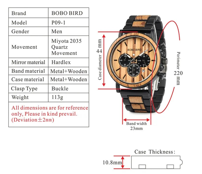 BOBO BIRD Q09 wooden men's watch with 44mm natural wood case and Hardlex mirror, casual military chronograph style.