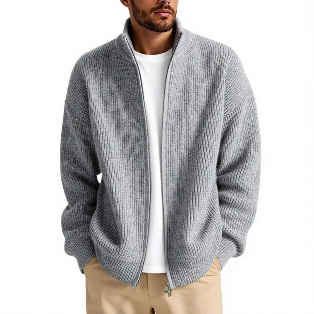 Men's loose-fit cardigan sweater in a chemical fibre blend, shown in a neutral colour.