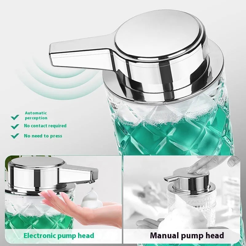 Silver automatic sensor soap dispenser with type-c charging port on a bathroom countertop.