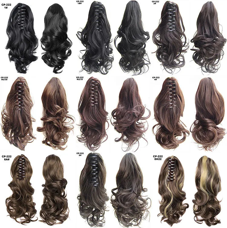 Long wave ponytail wrap-around clip in gray synthetic hairpiece with natural wave texture