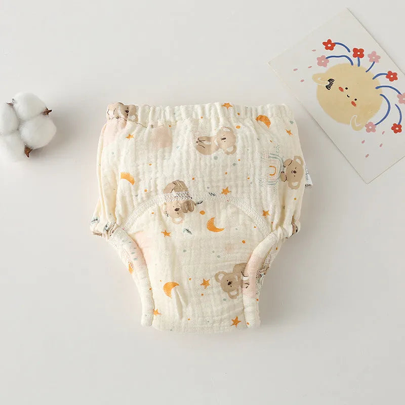 Gauze cotton baby training pants in pure cotton with waterproof layer, ring waist design