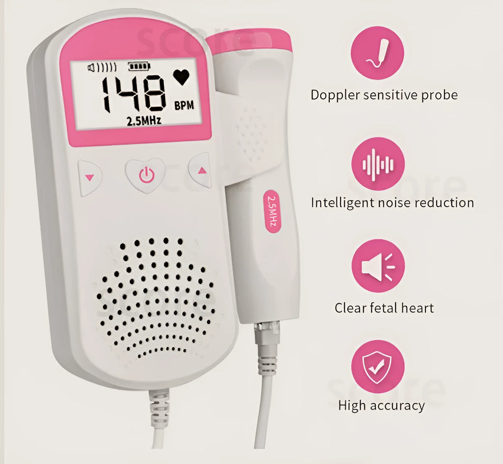 Fetal heart rate monitor with LCD screen and 2.5MHz waterproof probe on a pink background