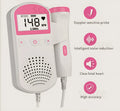 Fetal heart rate monitor with LCD screen and 2.5MHz waterproof probe on a pink background