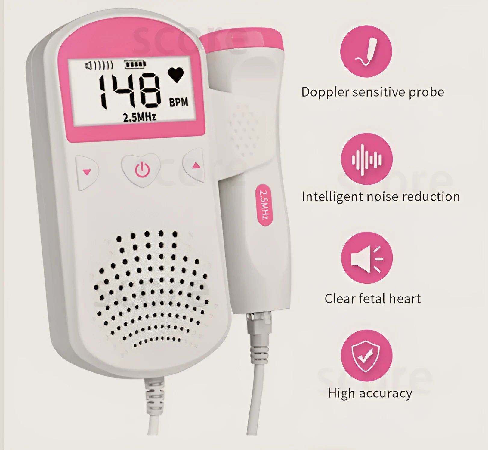 Fetal heart rate monitor with LCD screen and 2.5MHz waterproof probe on a pink background