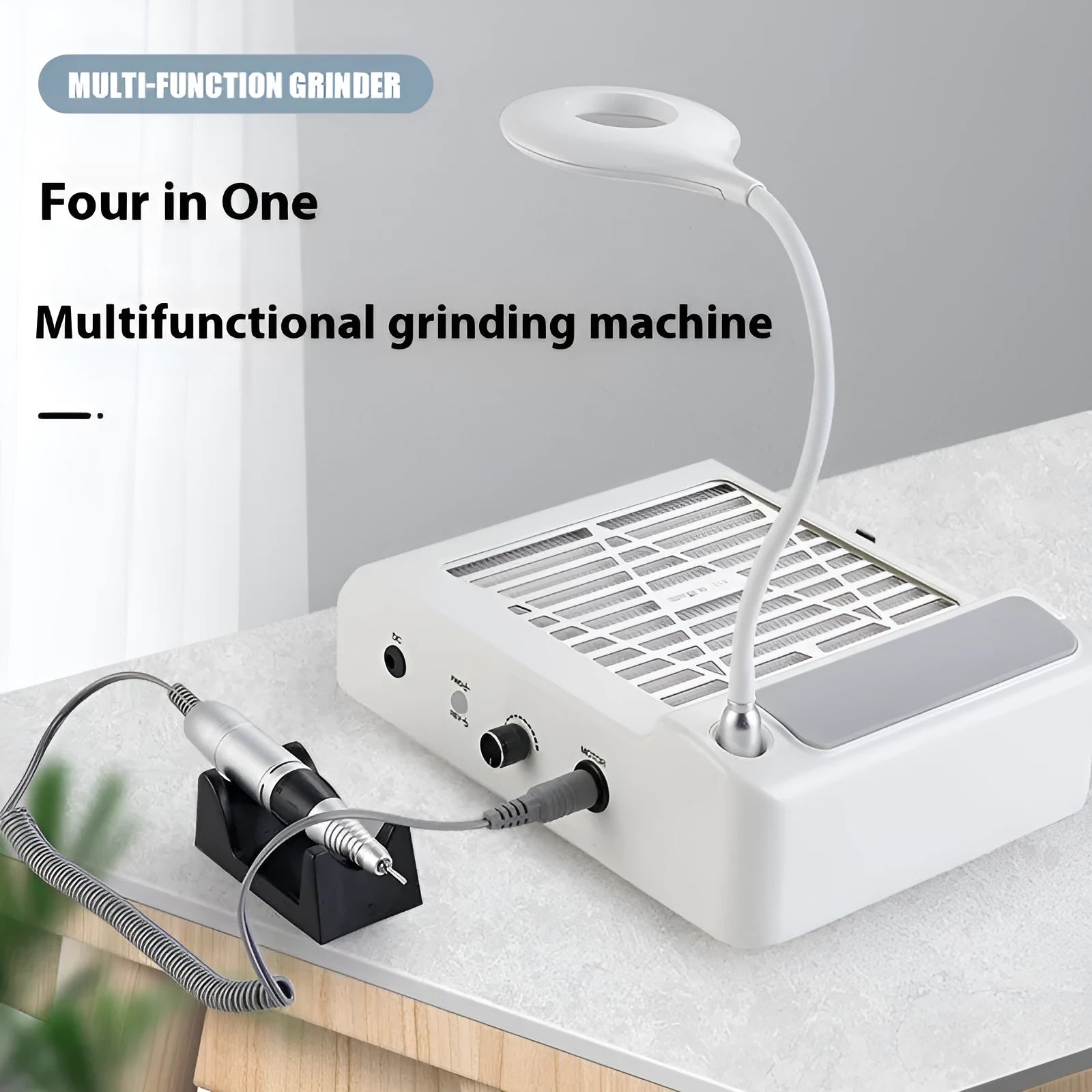 White four-in-one nail polisher machine with vacuum cleaner attachment and dual voltage options