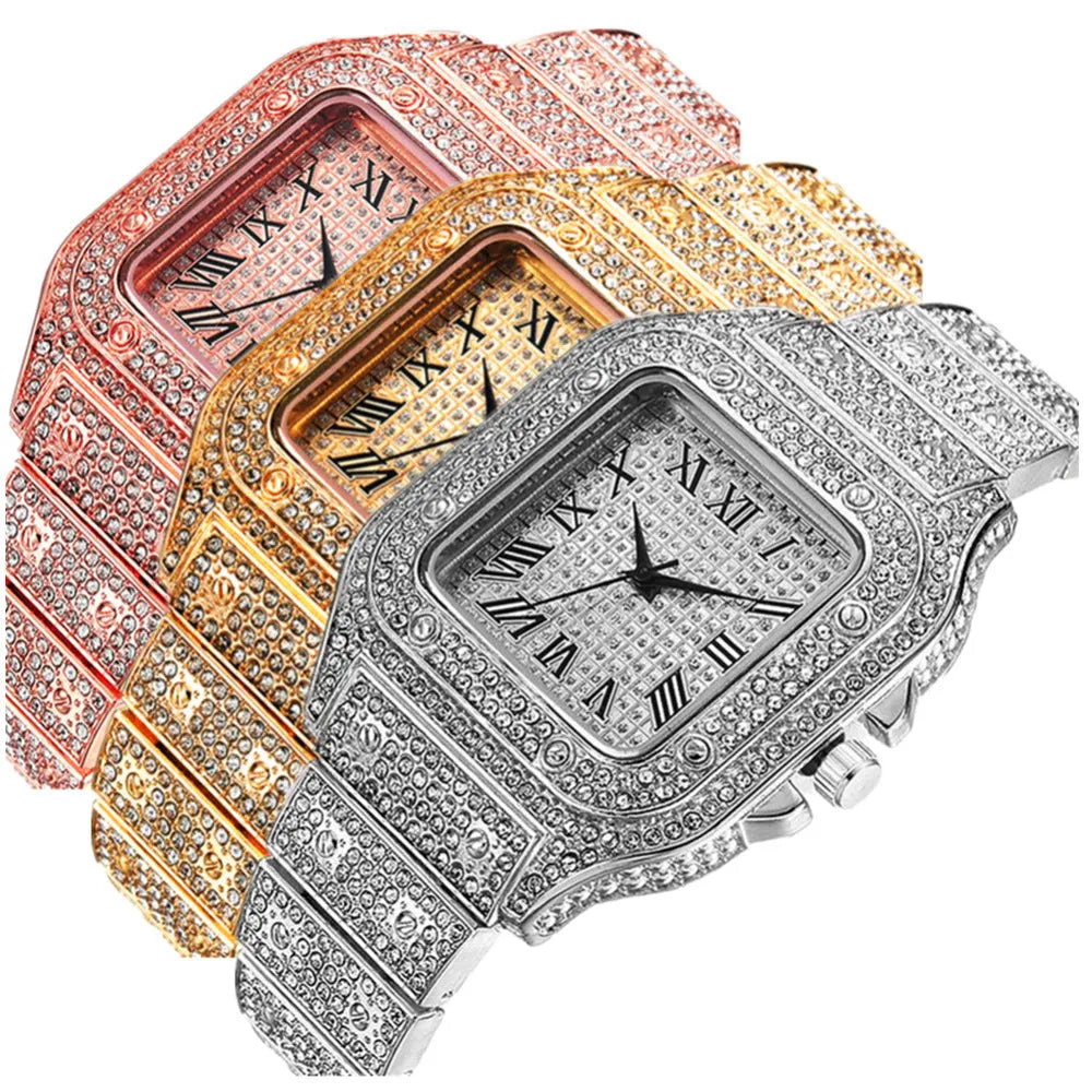Gold Roman numeral quartz watch with diamond studs on a black mesh band, alongside a matching bracelet and necklace.