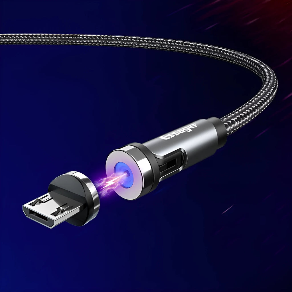 Magnetic rotating data cable in deep space grey or lucky red, 1m or 2m, for Apple, Micro USB and Type-C.