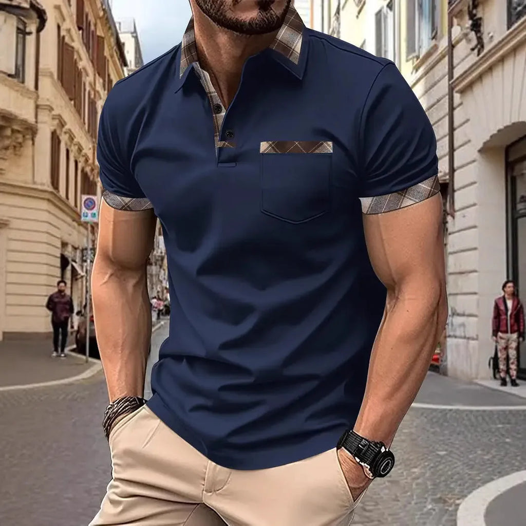 Man wearing a men's short sleeve plaid colourblock T-shirt in a solid colour.
