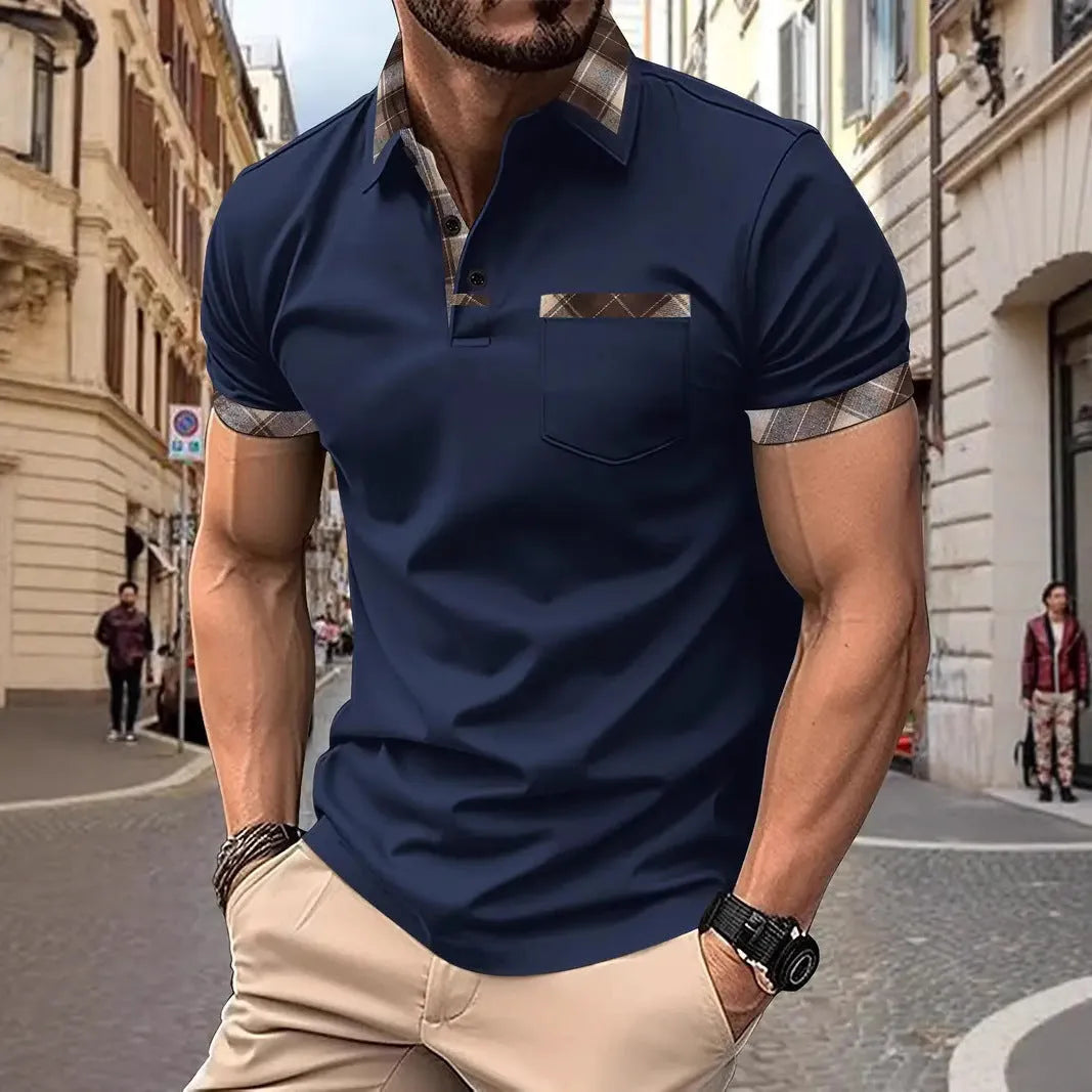 Man wearing a men's short sleeve plaid colourblock T-shirt in a solid colour.
