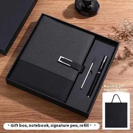 A5 leather notebook in choice of colours with gift box, open to show wood-free paper.