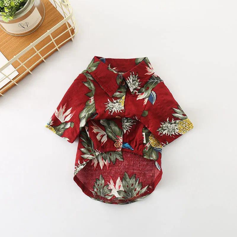 Dog clothes fashion shirt in cotton for small to large breeds available in wine red pineapple black pineapple black crocodile white pineapple white crocodile and black white crocodile patterns with size chart XS to XXL and FB by collar bust back length
