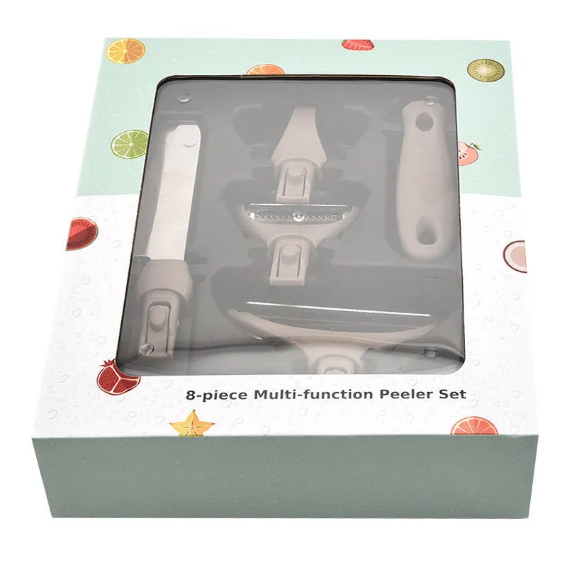 Three piece stainless steel cutter set with wheat straw chopping board, fruit knife and peeler in green