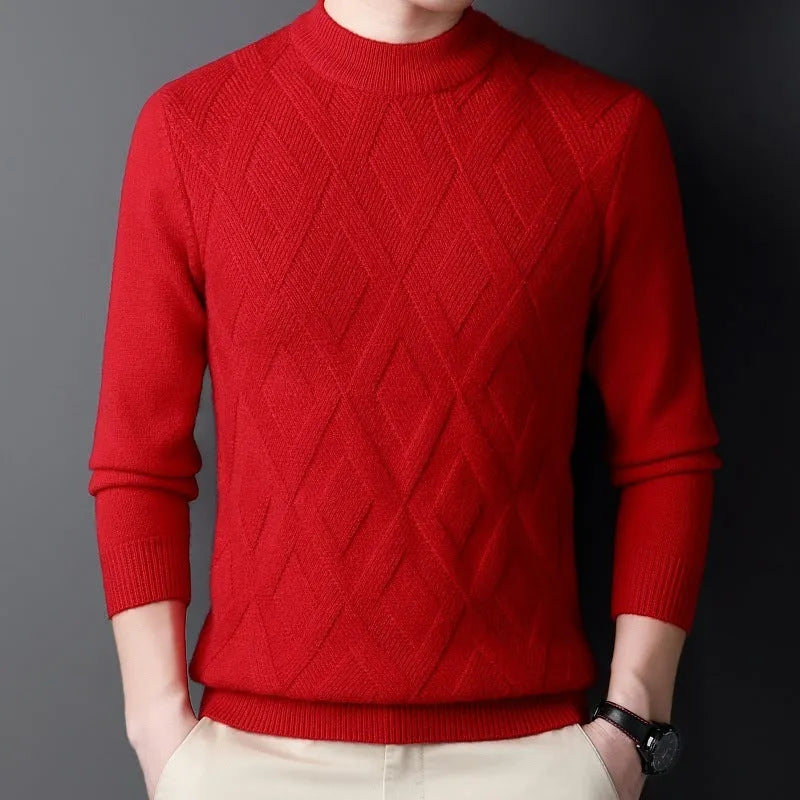 Men's thick diamond jacquard knit sweater in light camel colour, a plus-size winter pullover.