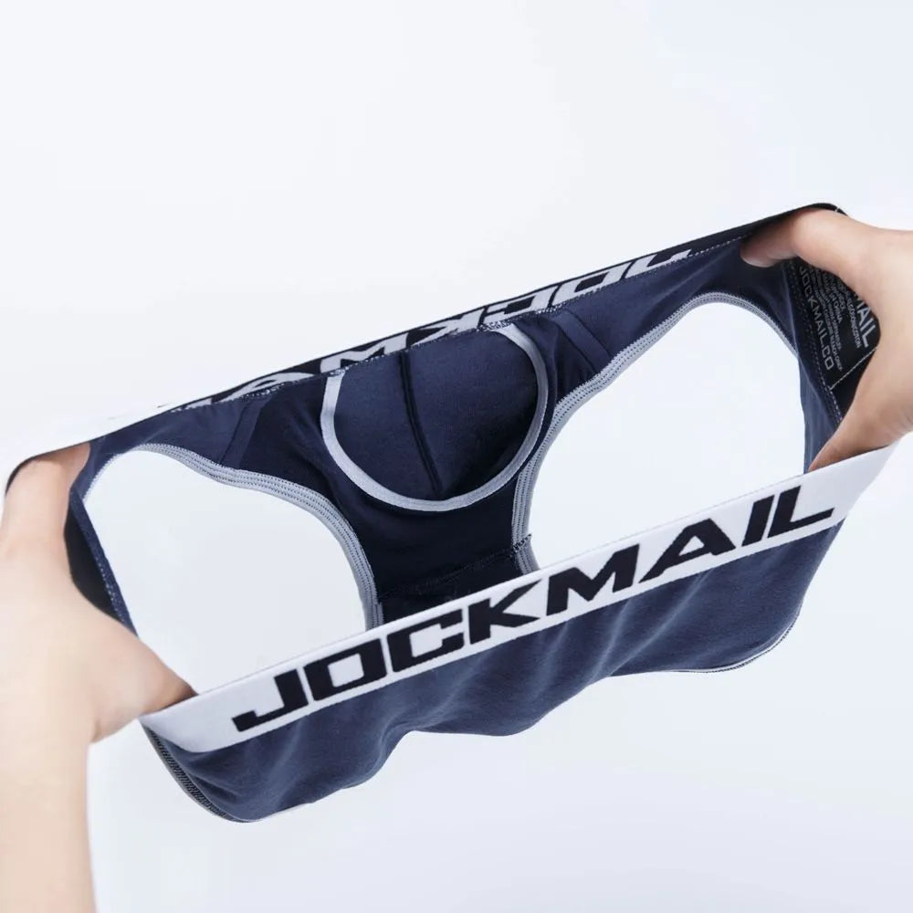 Men's modal high waist briefs with U convex big pouch jockstrap in black, on white background