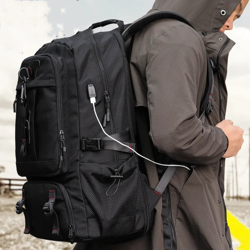 Oxford cloth large capacity travel backpack in black with USB charging port and anti-theft features