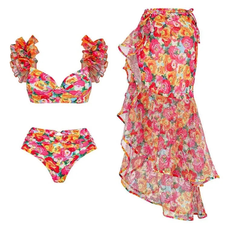 Women's floral push up bikini swimsuit with high waist split design