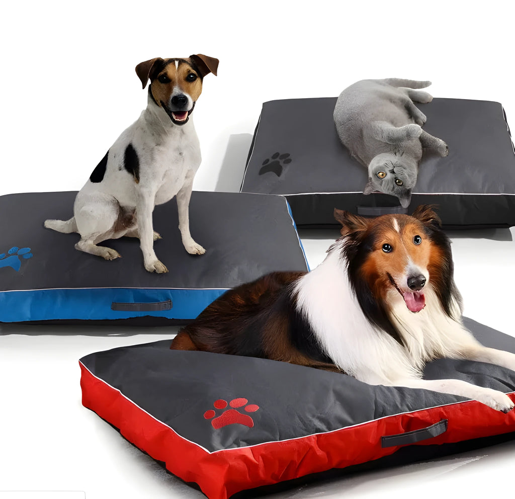 Waterproof Oxford cloth pet nest bed with removable washable cover, non-slip bottom, in red, blue or black.
