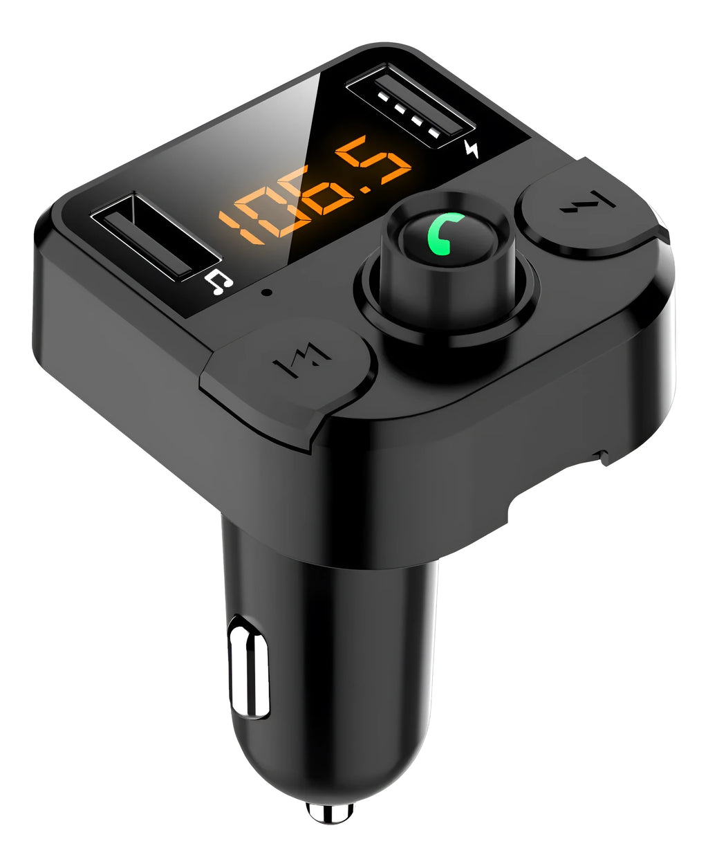 Black BT36B car Bluetooth MP3 player with FM transmitter plugged into a car cigarette lighter socket.