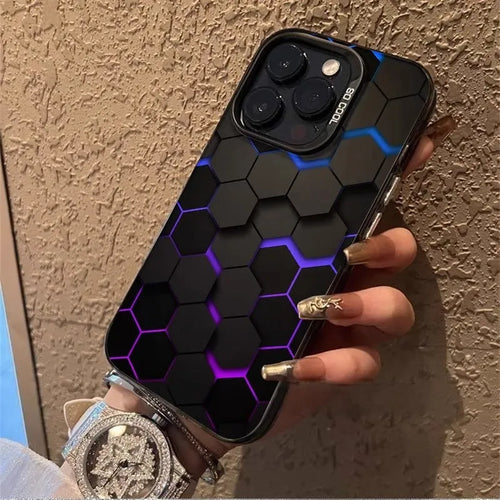Frosted black iPhone case with a honeycomb square pattern on the back.
